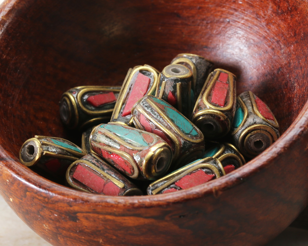 Nepalese Brass w/ Turquoise & Coral Mosaic Drop Bead 13x7mm