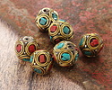Nepalese Brass Coral & Turquoise Mosaic in Concentric Circles Round 10-11mm