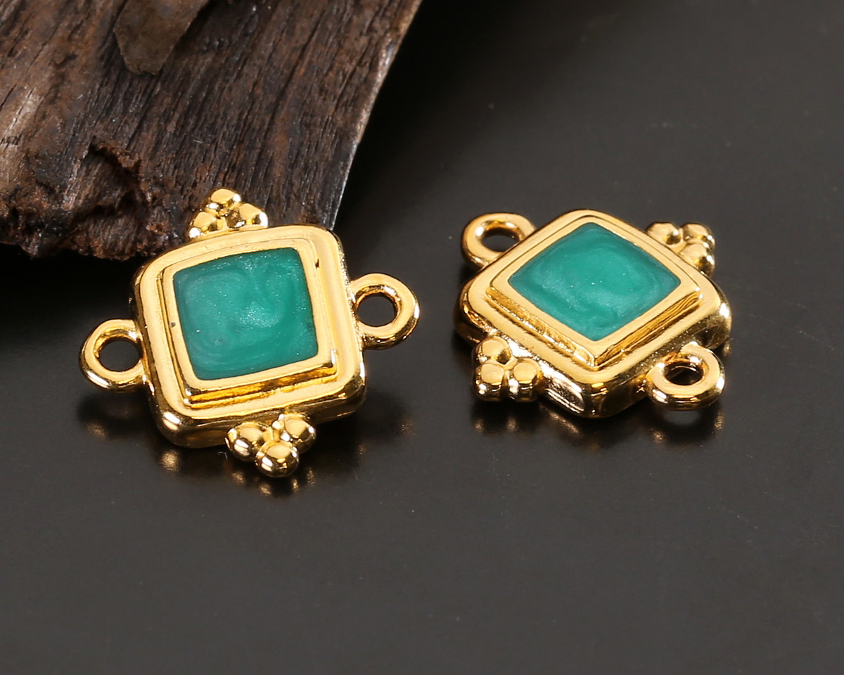 24K Gold (plated) Emerald Pearl Enamel Beaded Square Focal Link 15x14.5mm