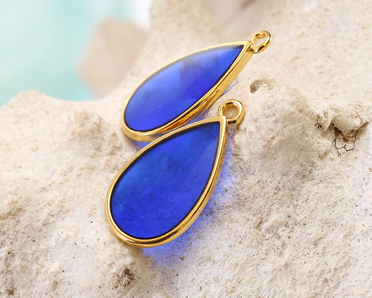 24K Gold (Plated) Transparent Cobalt Blue Resin Drop Focal 13x23mm