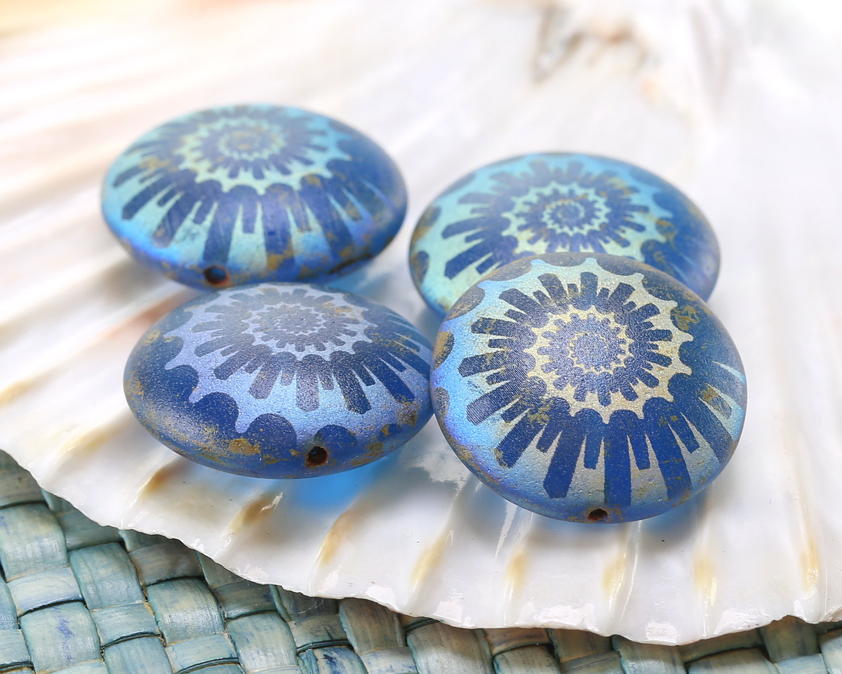 Czech Glass Laser Etched Ammonite on Capri AB w/ Rembrandt Finish Puff Coin 20mm