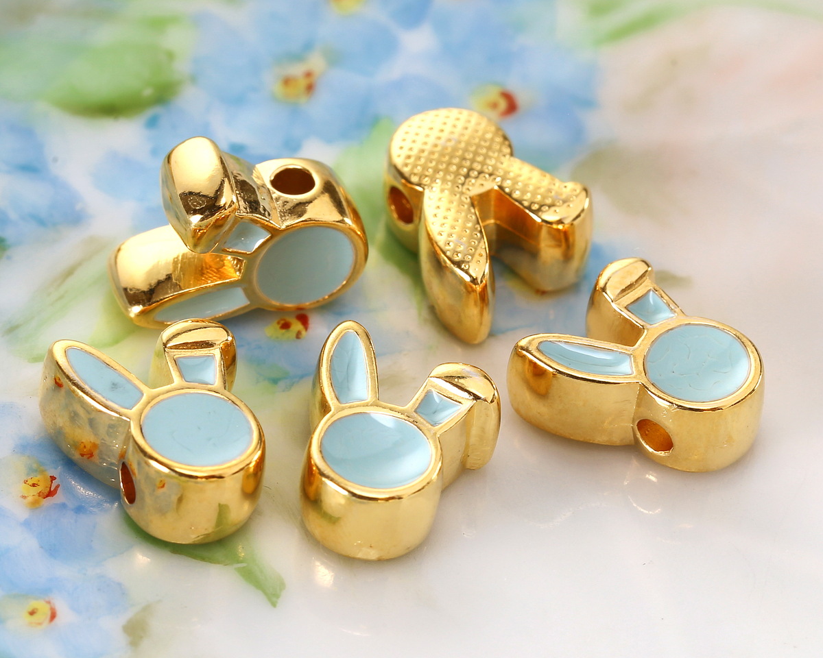 24K Gold (plated) Aqua Blue Enamel Cute Bunny Head Bead 9x12mm