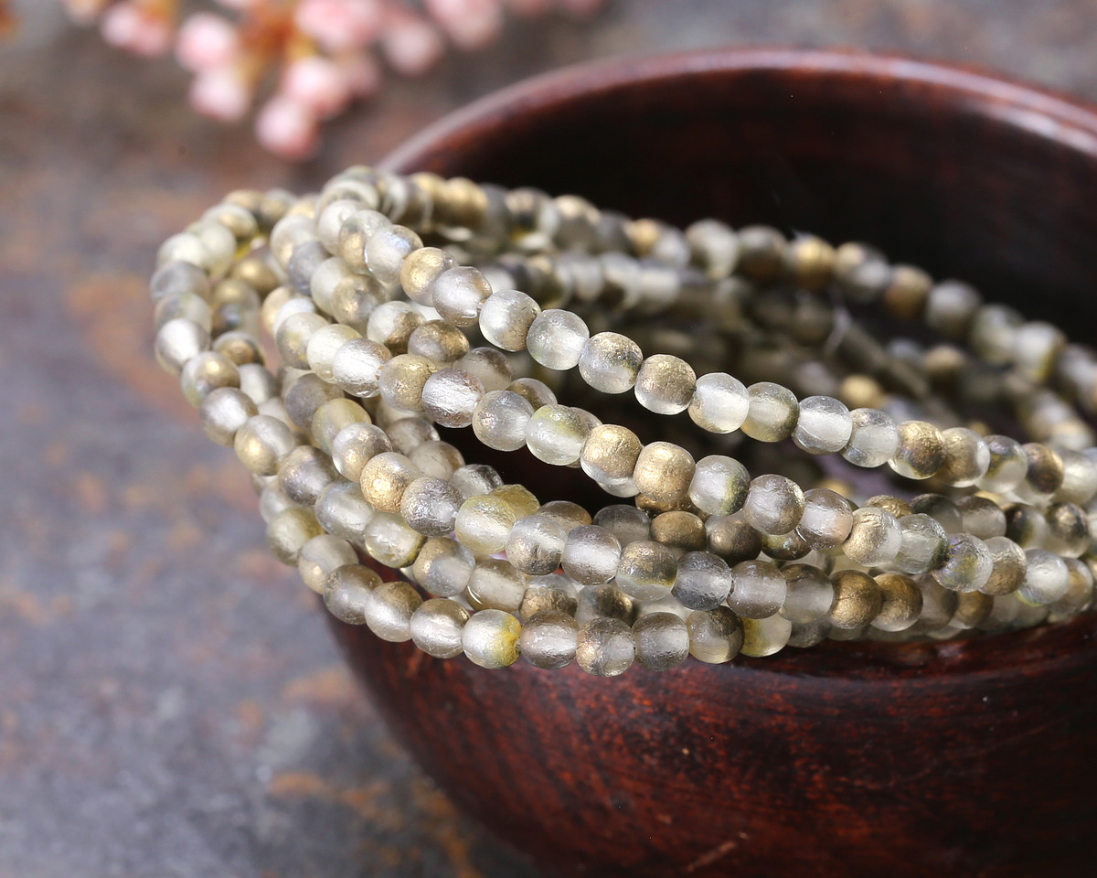 Czech Glass Textured Black Diamond w/ Gold Round Druk 3mm