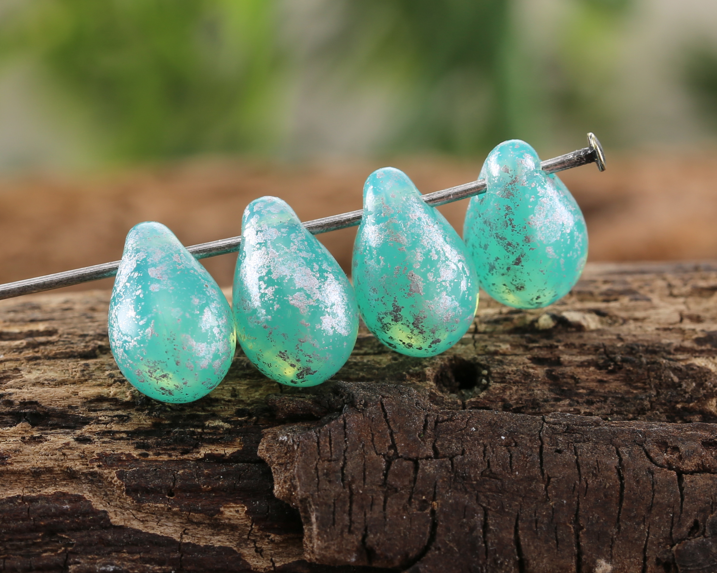 Czech Glass Turquoise Green Opal w/ Silver Flecks Teardrop 6x9mm