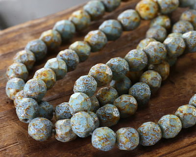 Czech Glass Matte Bisque w/ Turquoise Wash Fire Polished Round 6mm