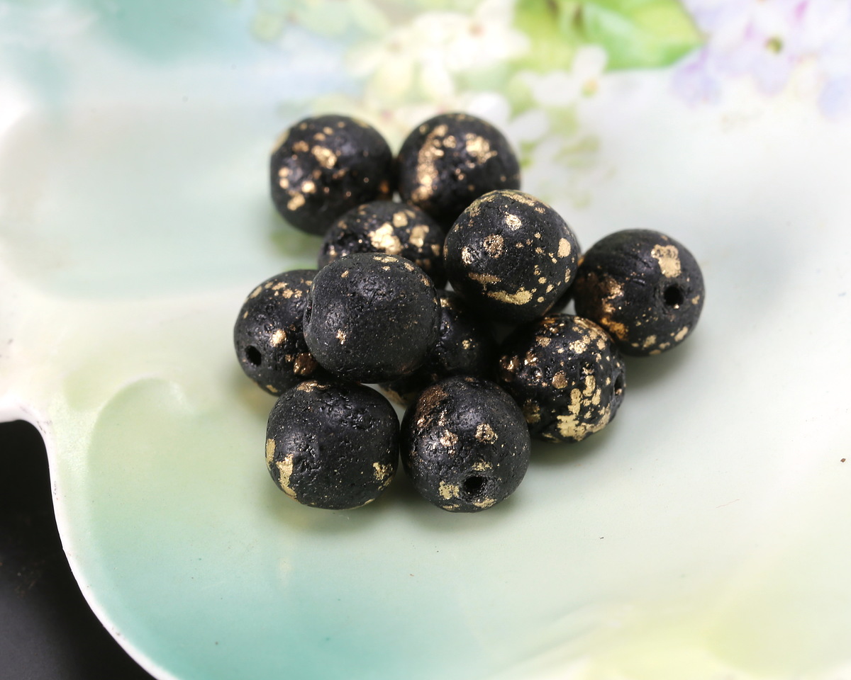 Czech Glass Textured Jet w/ Gold Flecks Round Druk 8mm