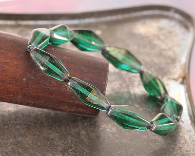 Czech Glass Emerald w/ Gold Luster Rhombus 14x7mm