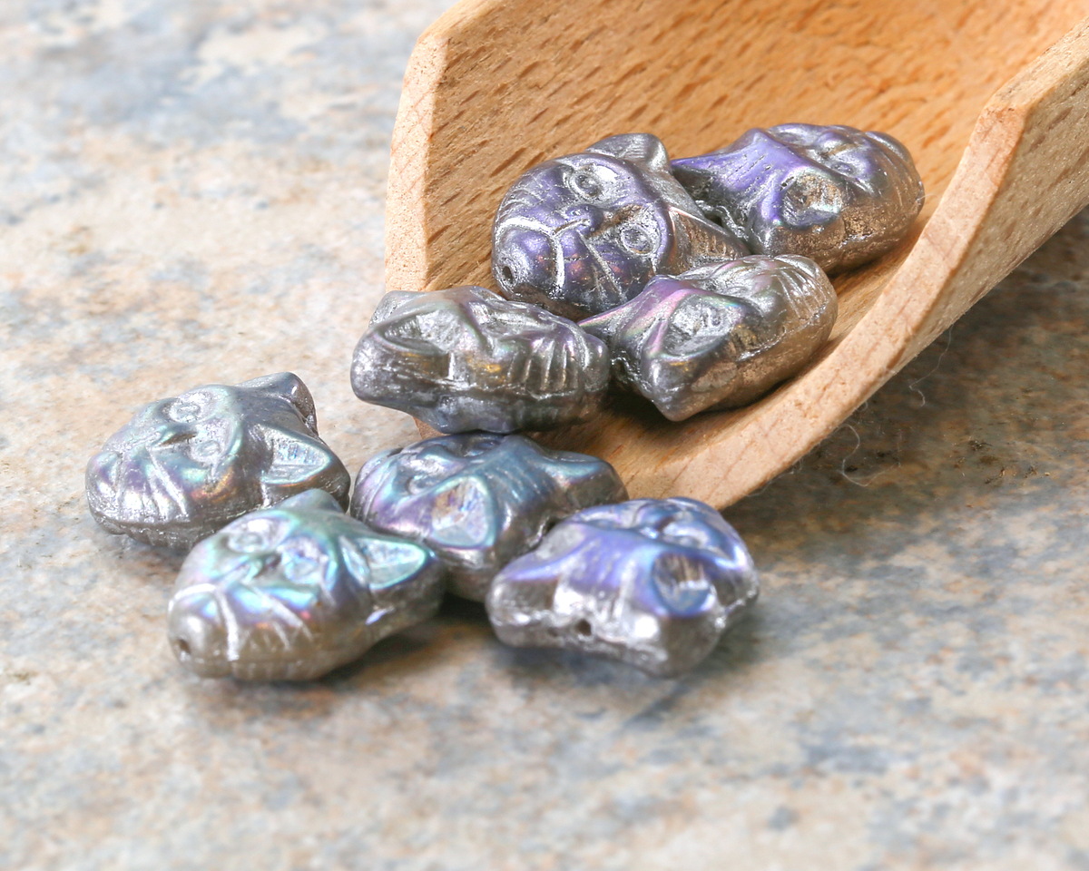 Czech Glass Silver AB Cat Head 12mm