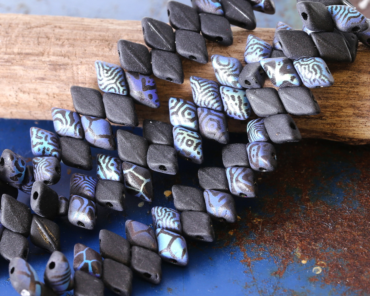 Czech Glass Laser Etched Mixed Designs on Matte Jet AB GemDuo 8x5mm