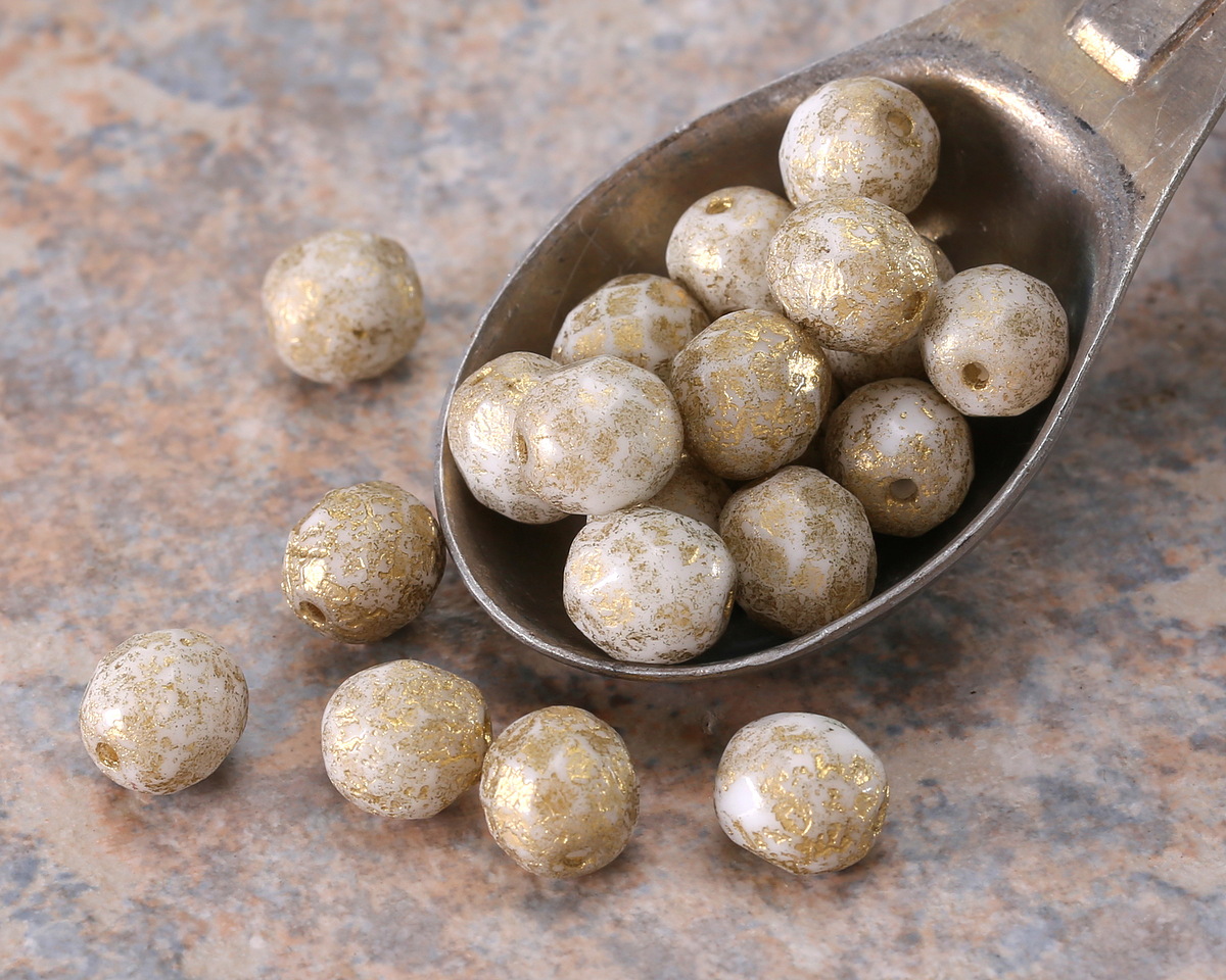 Czech Glass Textured White w/ Gold Fire Polished Round 8mm