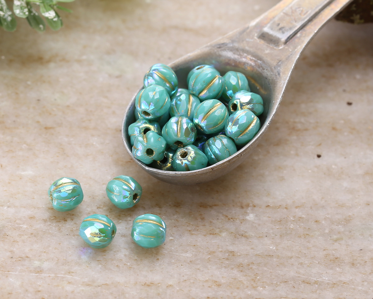 Czech Glass Turquoise AB w/ Gold Faceted Melon Round 6mm