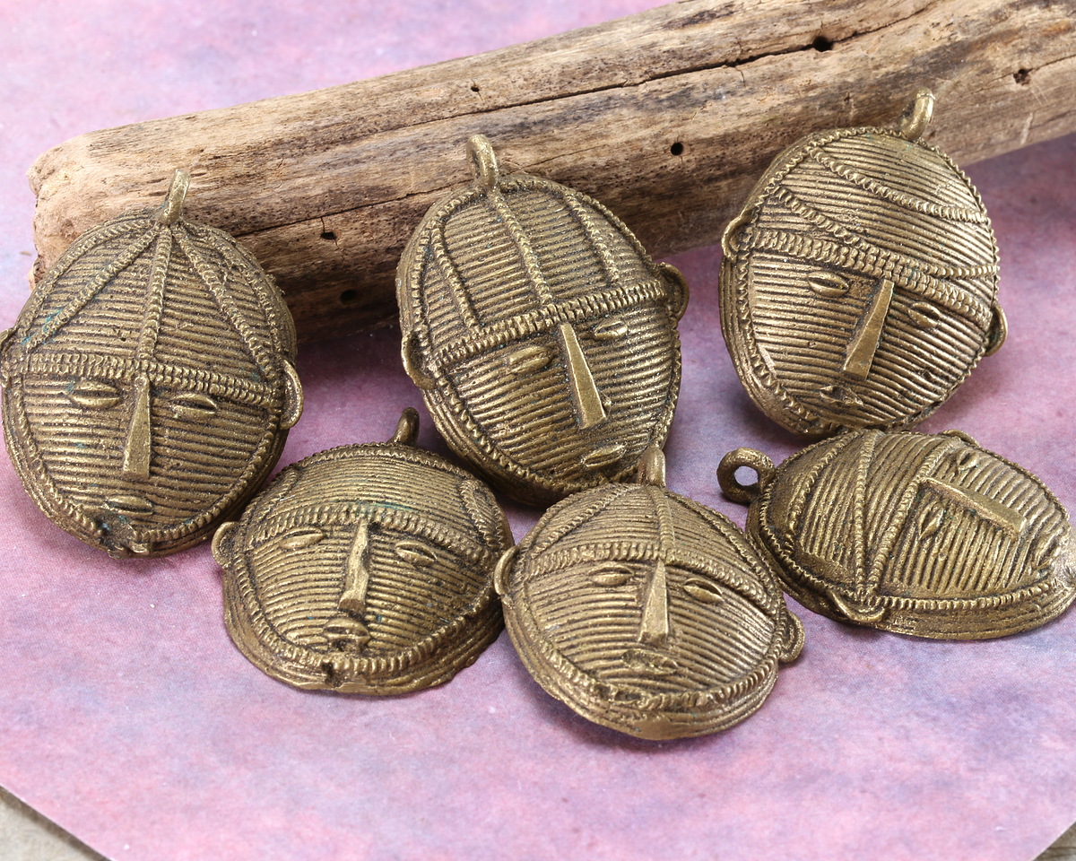 African Brass Baule Tribe Mask Pendant 42x48mm