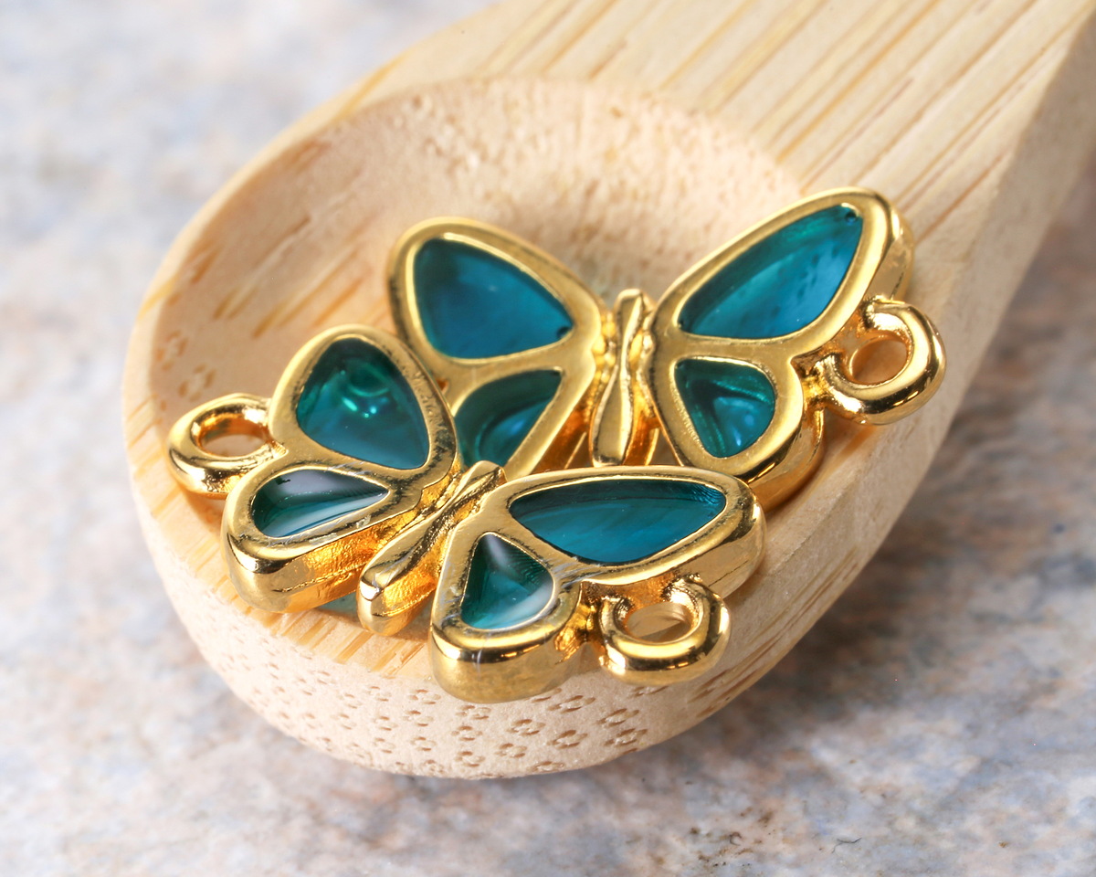 24K Gold (plated) Framed Transparent Turquoise Butterfly Focal Link 17.5x10mm