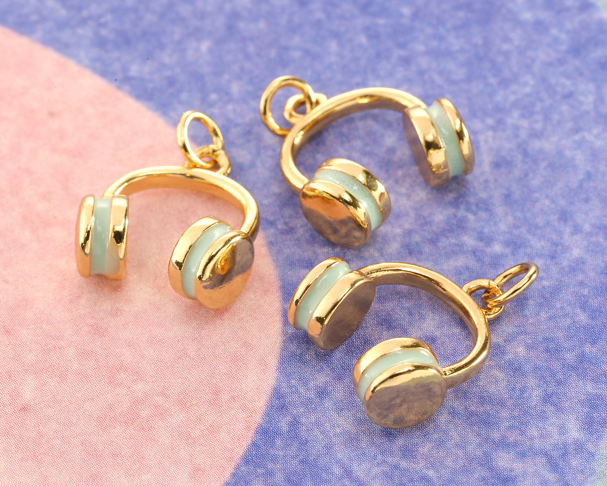 Sweet Mint Enamel w/ Gold Finish Headphones Charm 14x16mm