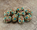 Nepalese Brass Double Rings w/ Turquoise & Coral Dots Rice Bead 21-22x15mm
