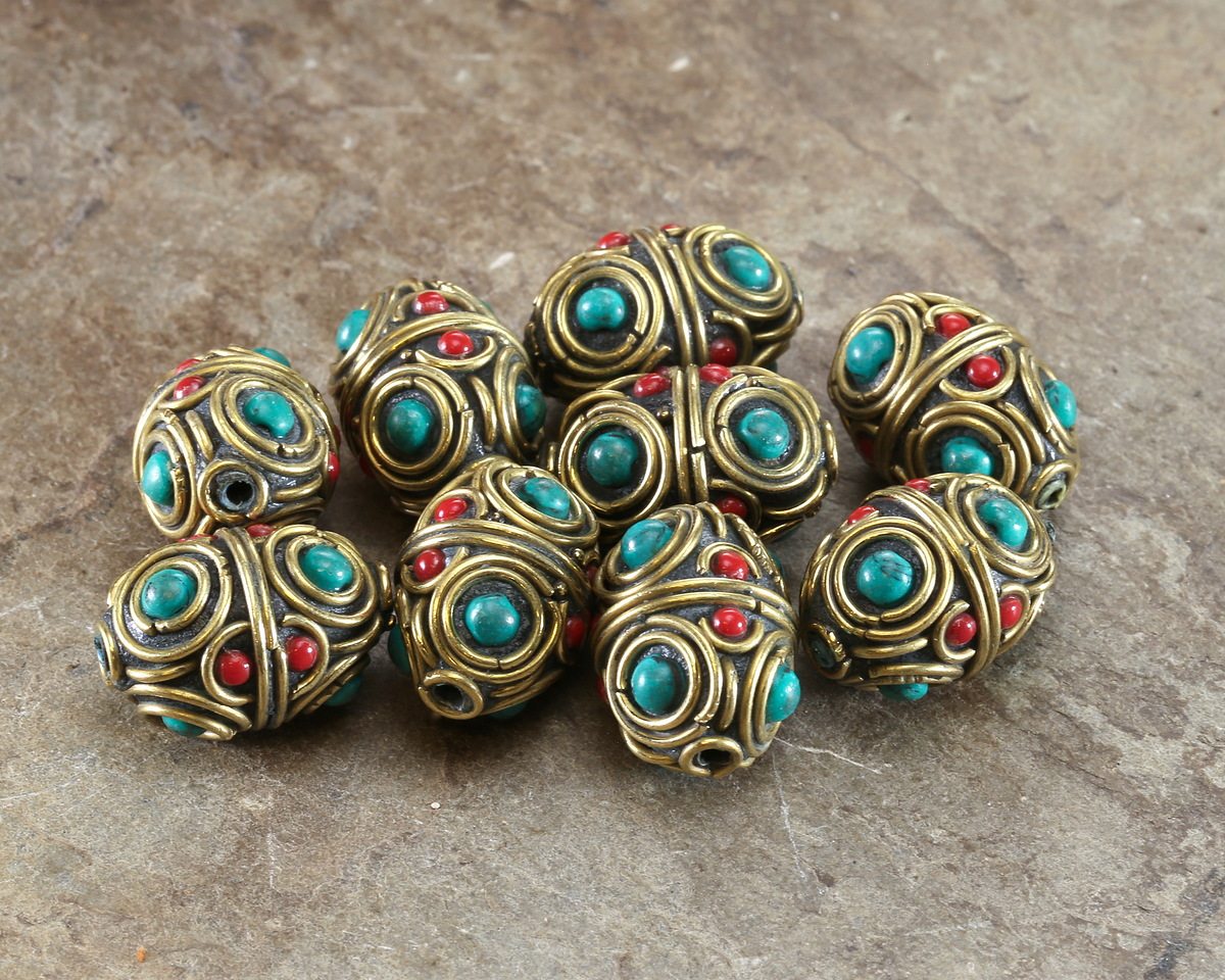 Nepalese Brass Double Rings w/ Turquoise & Coral Dots Rice Bead 21-22x15mm