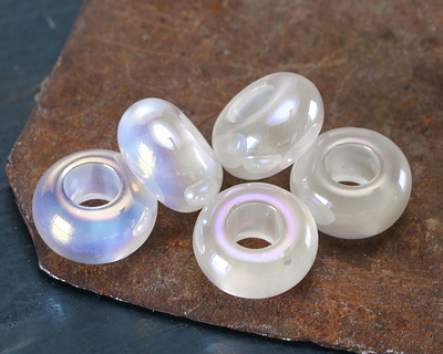 Iridescent White Opal Resin Large-Hole Rondelle 8x14mm