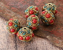 Nepalese Brass Coral Dots w/ Circles w/ Half Circles & Turquoise Rondelle 15-16x18-19mm