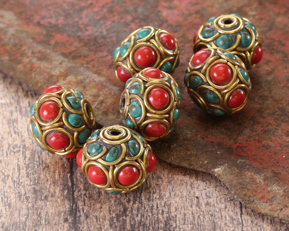Nepalese Brass Coral Dots w/ Circles w/ Half Circles & Turquoise Rondelle 15-16x18-19mm