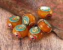 Nepalese Resin Amber & Brass w/ "Om" on a Turquoise Center & Coral Ends Coin Bead 17x19mm