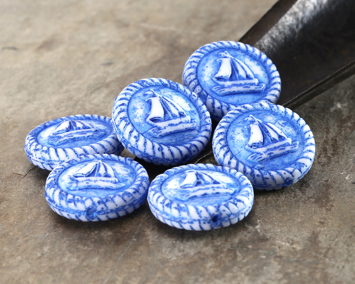 Czech Glass White w/ Metallic Cobalt Sailboat Coin 20mm