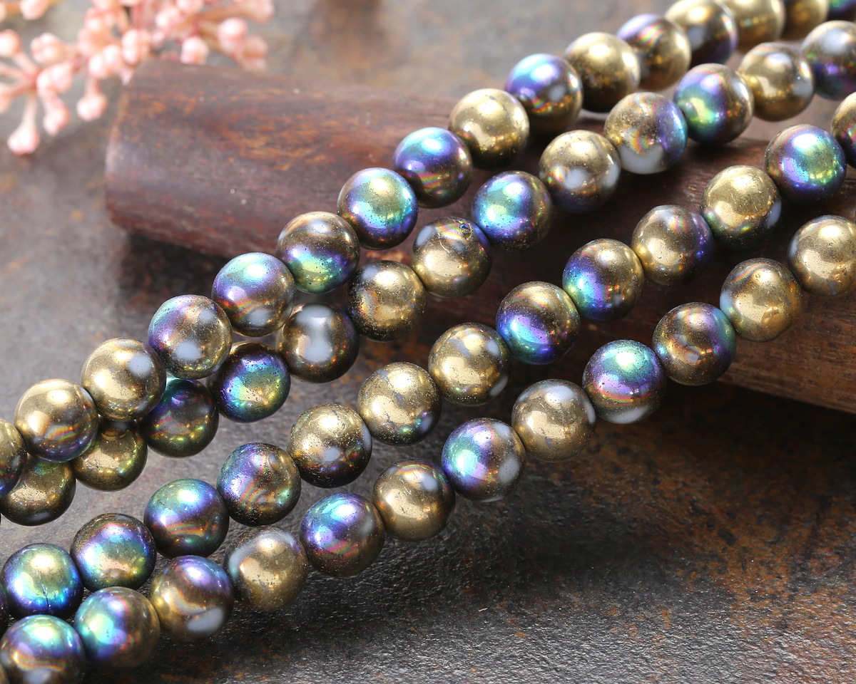 Czech Glass White AB w/ Gold Round Druk 8mm