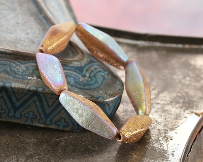Czech Glass Textured Light Rose AB w/ Gold Rhombus 20x8mm