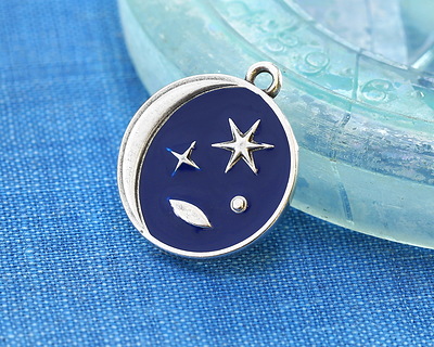 Antique Silver (plated) Cobalt Enamel Celestial Scene Coin Focal 18x20mm