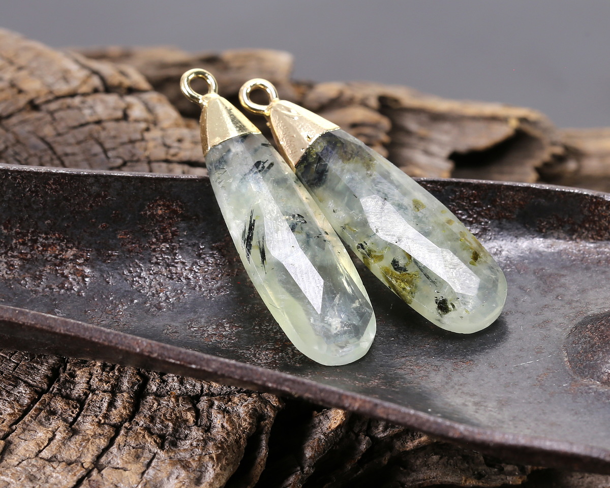 Prehnite Faceted Puff Teardrop Focal w/ Gold Finish 9x28mm