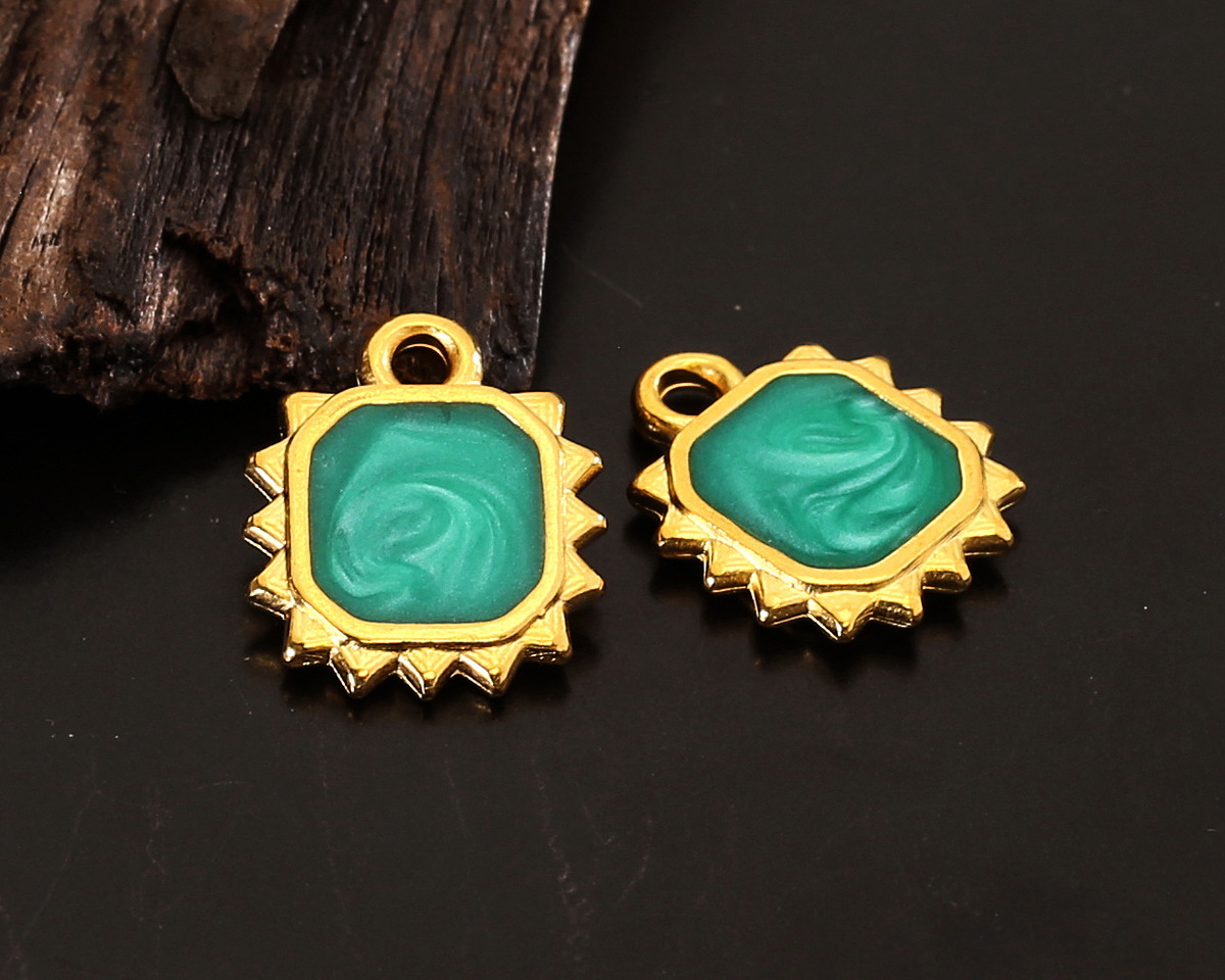 24K Gold (plated) Emerald Pearl Enamel Square Sun Focal 10.5x12.5mm