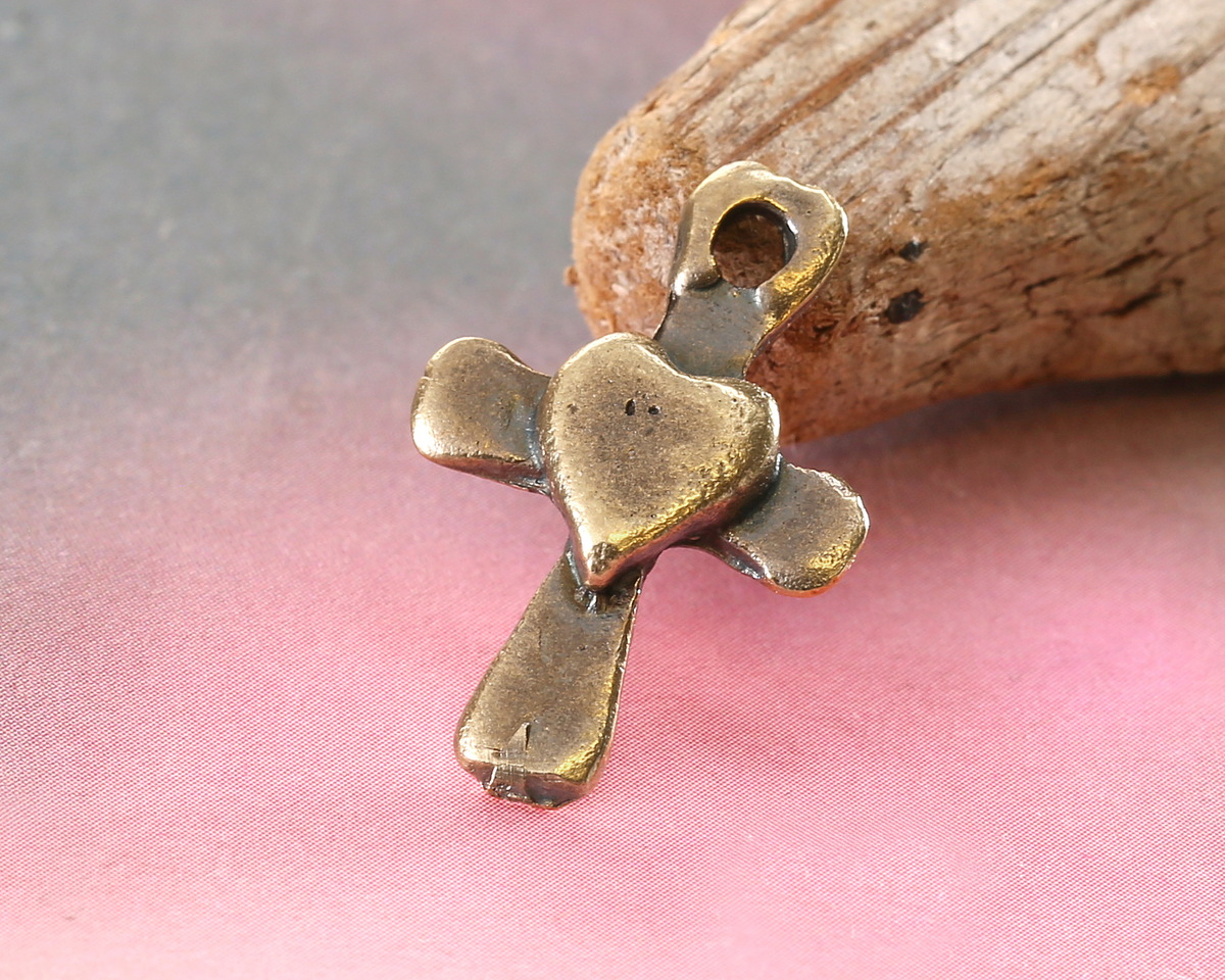 Mykonos Antique Brass (plated) Cross w/ Heart Focal 15x21mm