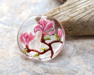 Grace Lampwork Blushing Magnolia Lentil Focal Bead 25mm