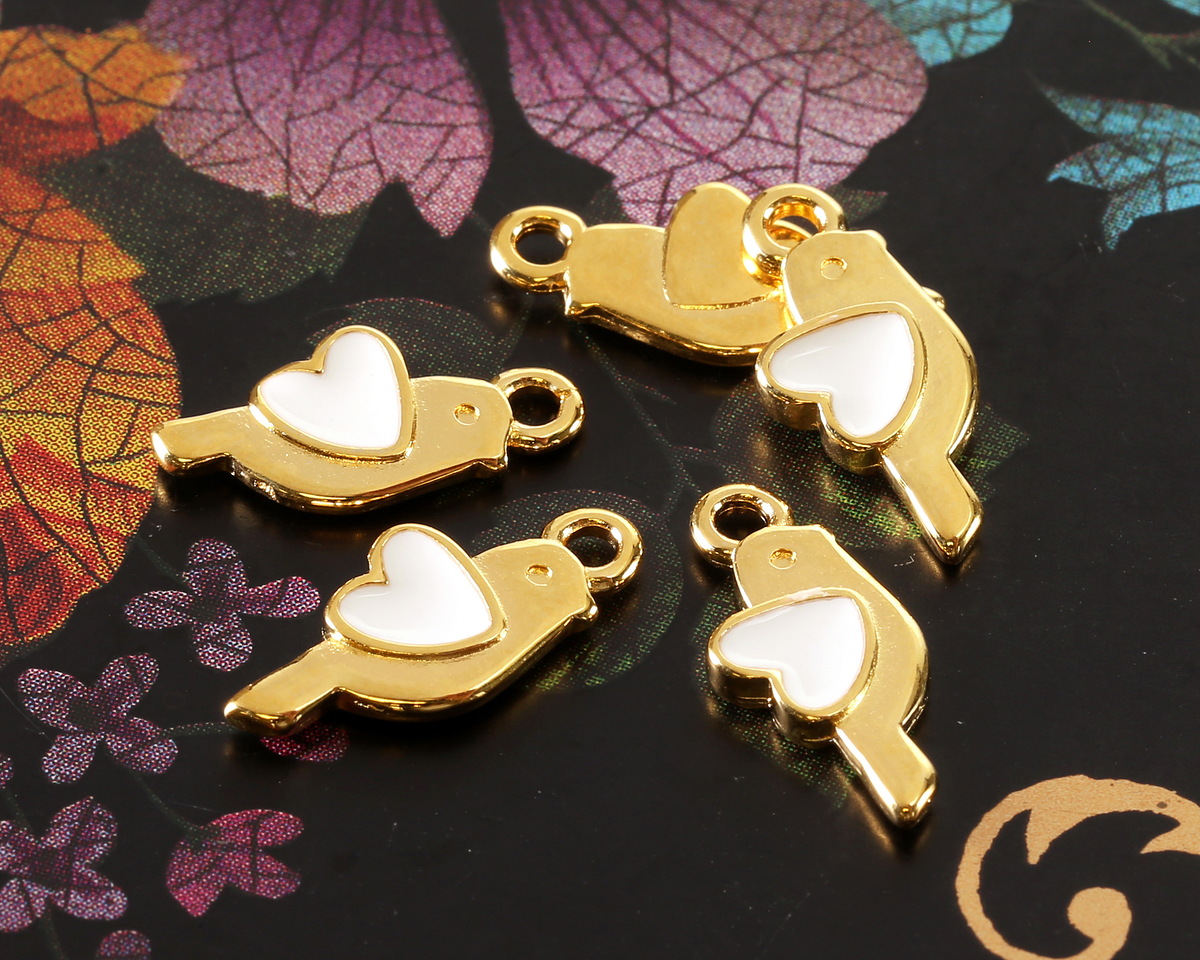 24K Gold (plated) White Enamel Love Bird Focal 12x13.5mm