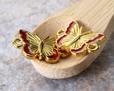 24K Gold (plated) Transparent Ruby Enamel Butterfly Focal Link 16x11mm