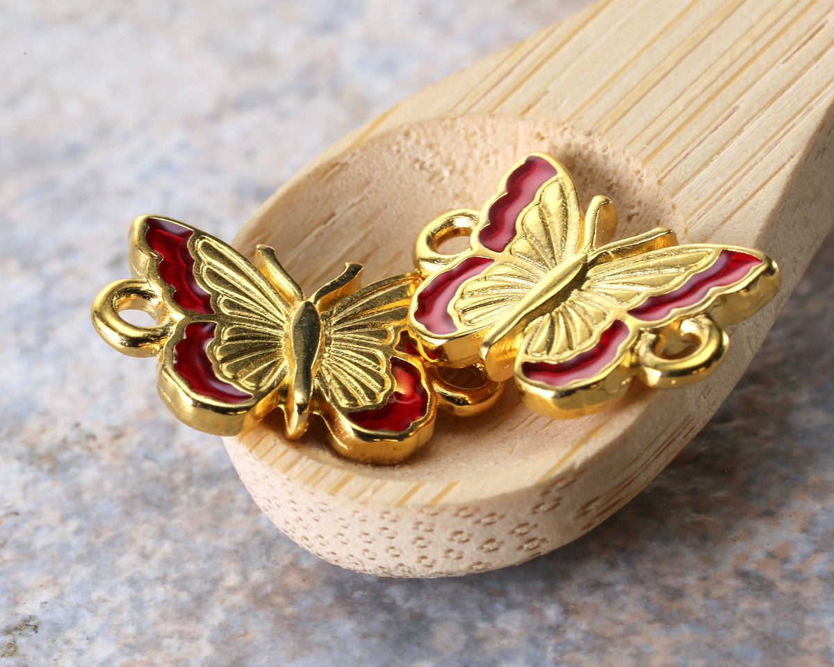 24K Gold (plated) Transparent Ruby Enamel Butterfly Focal Link 16x11mm