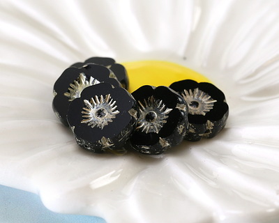 Czech Glass Jet w/ Platinum Hibiscus Coin 12mm