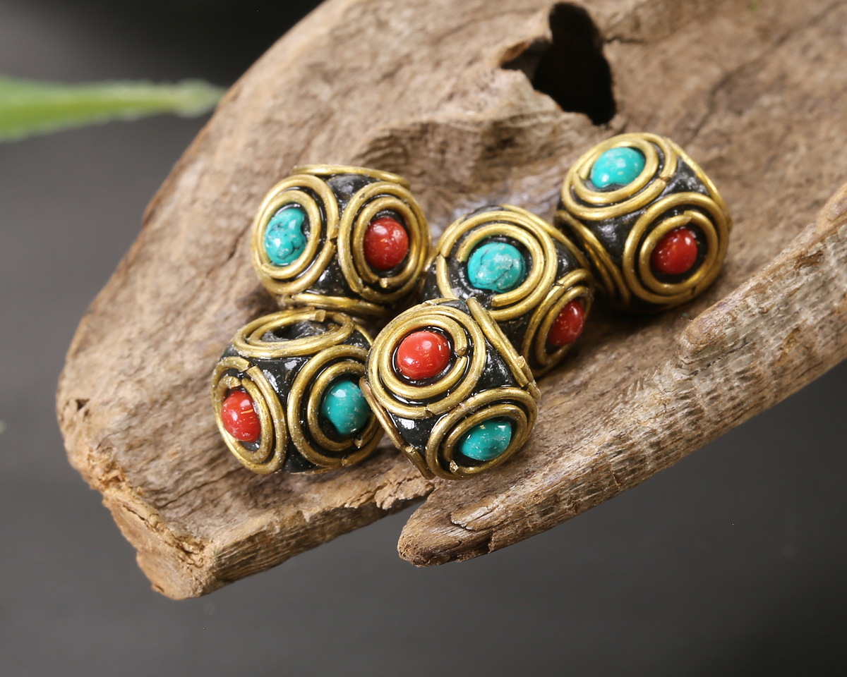 Nepalese Brass Double Ringed Turquoise & Coral Cube 9x10mm
