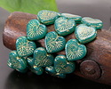 Czech Glass Emerald Opal w/ Gold Starburst Heart 13x14mm