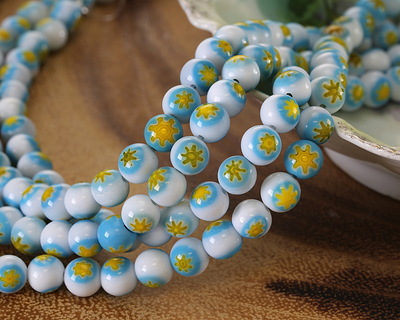 Millefiori Glass White w/ Turquoise & Yellow Flower Round 8mm