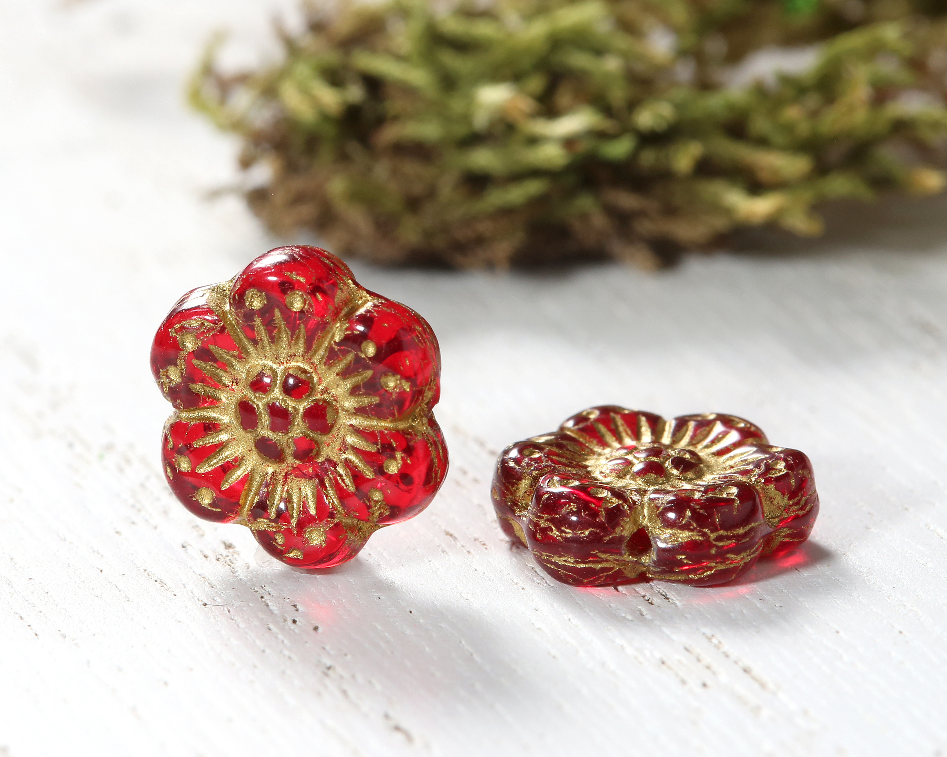 Czech Glass Ruby w/ Gold Wild Rose Coin 13mm