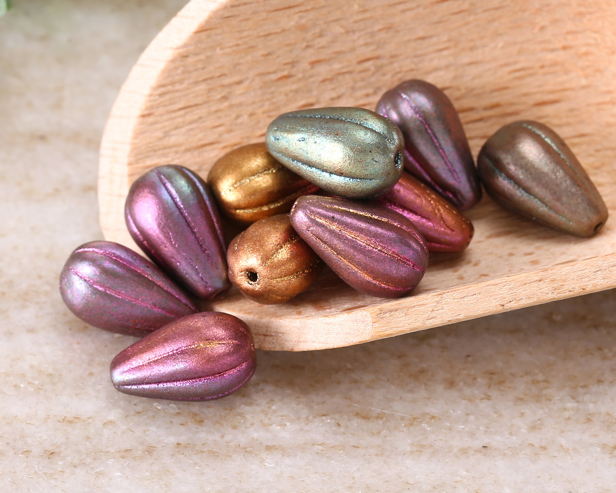 Czech Glass Autumn Metallics Melon Teardrop 13x8mm