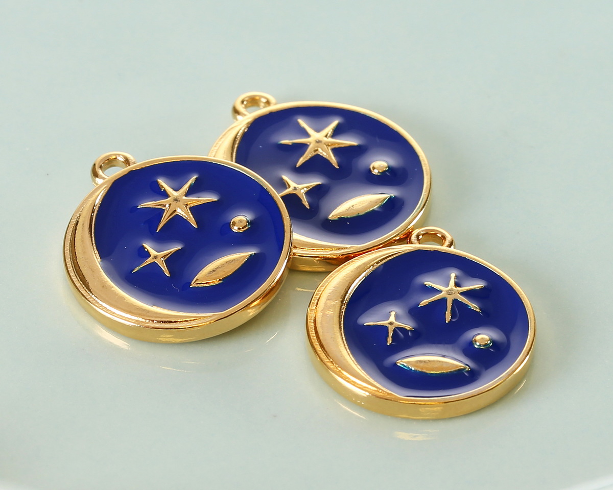 24K Gold (plated) Cobalt Enamel Crescent Moon Celestial Scene Coin Focal 18x20mm