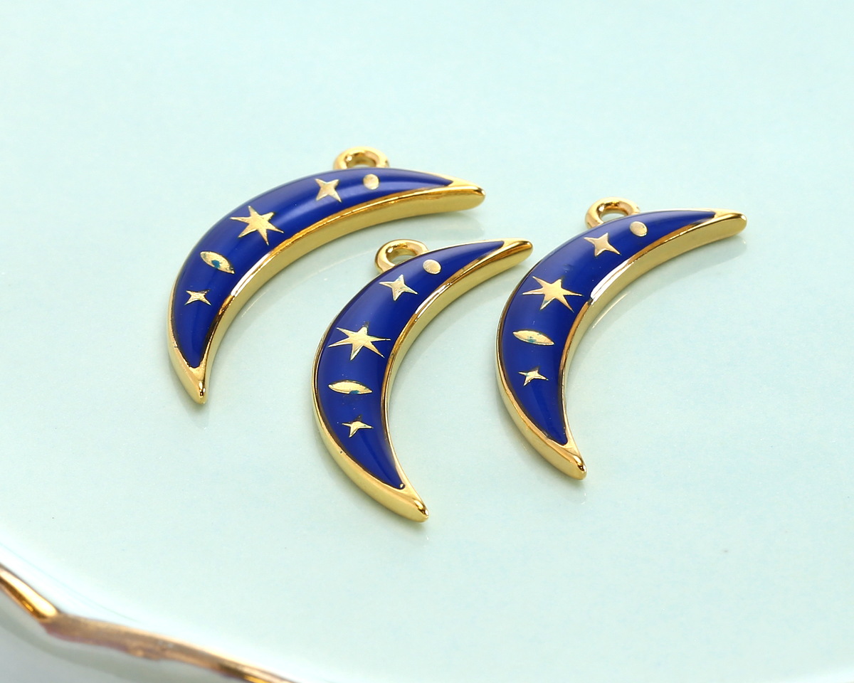 24K Gold (plated) Cobalt Enamel Celestial Crescent Moon Focal 7x25mm