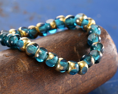 Czech Glass Pacific Blue w/ Gold Trica Beads 4x5mm