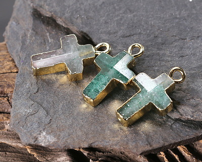 Green Strawberry Quartz Faceted Cross Focal w/ Gold Finish 10x15mm