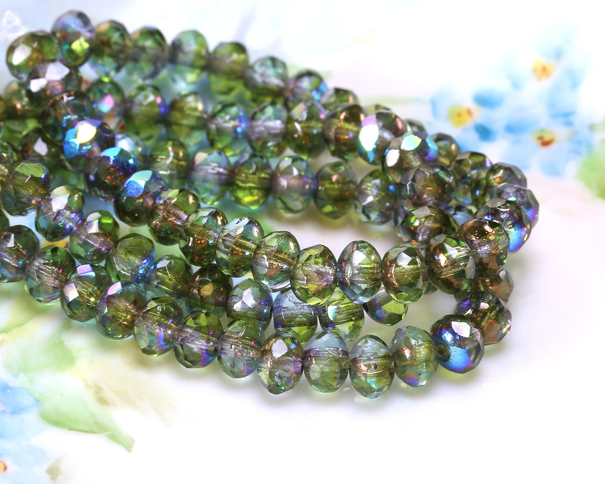 Czech Glass Peridot & Crystal AB Fire Polished Rondelle 3x5mm