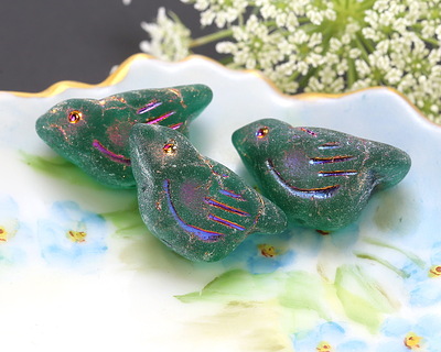 Czech Glass Matte Emerald w/ Metallic Rainbow Bird 11x22mm