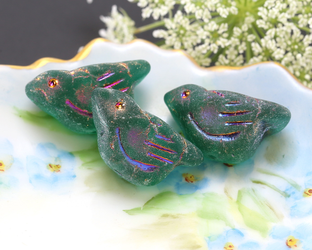 Czech Glass Matte Emerald w/ Metallic Rainbow Bird 11x22mm