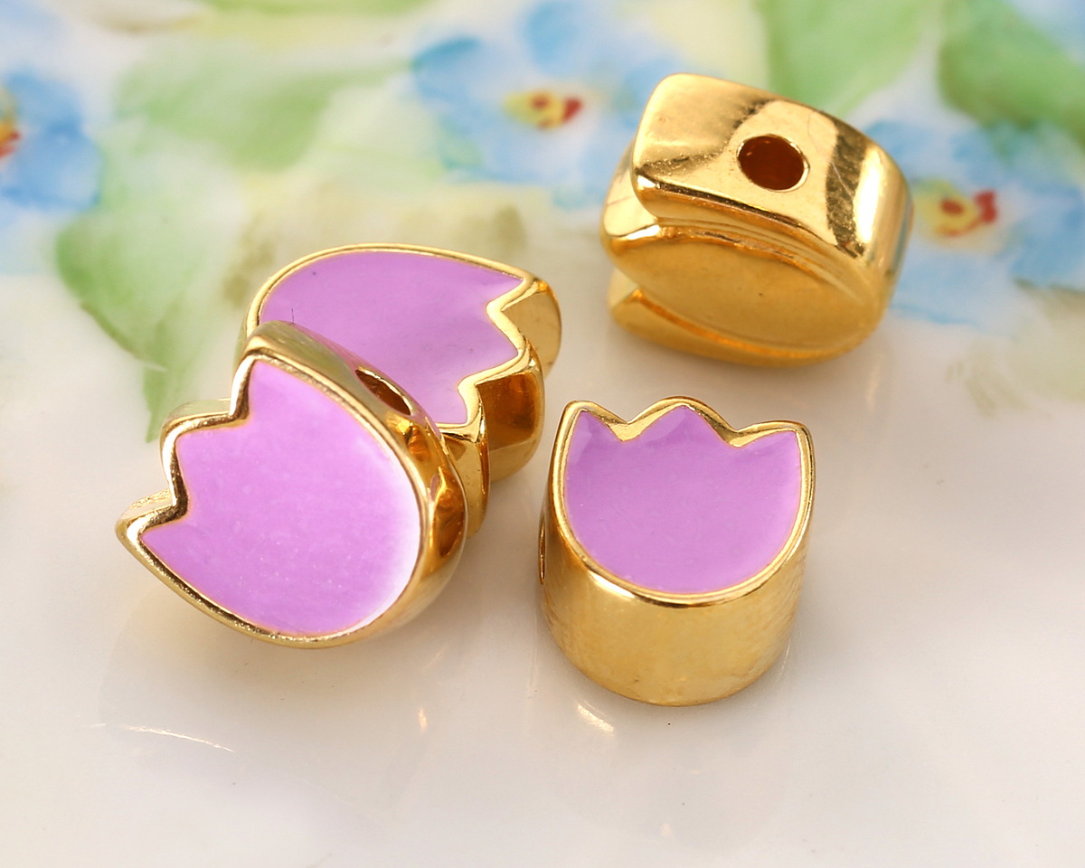 24K Gold (plated) Lilac Enamel Tulip Bead 7.5x9mm