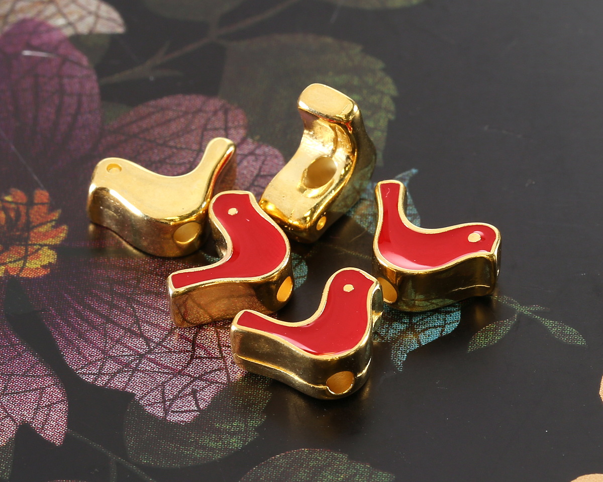24K Gold (plated) Red Enamel Bird Bead 8x12.5mm